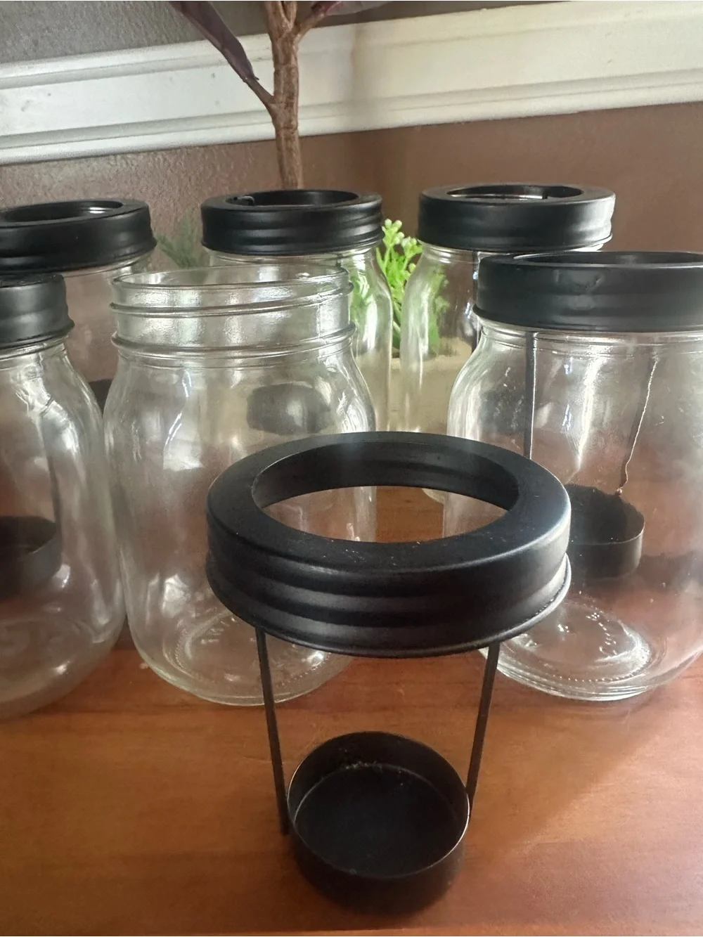Clear Glass Hanging Candle Jar with Black Lid and Holder set of 6